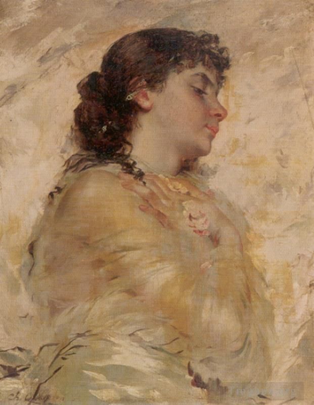 Charles Joshua Chaplin Peinture à l'huile - Portrait d'une jeune femme de profil
